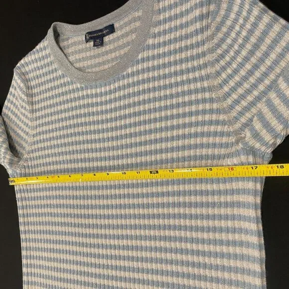 ~Brooks Brothers XL Sweater Short Sleeved Striped Metallic Ribbed Knit Lite Blue - Picture 7 of 16